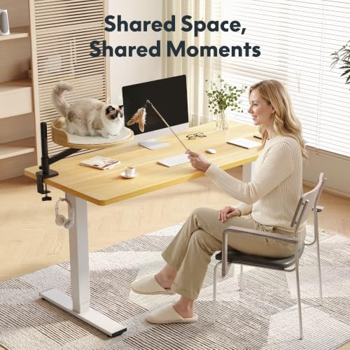Image of FLEXISPOT EN2 55 inch x 28 inch Standing Desk with Solid Wood Cat Bed Bundle, 1 inch Thick Desktop, Desk-Mounted Cat Perch with Scratcher, Maple