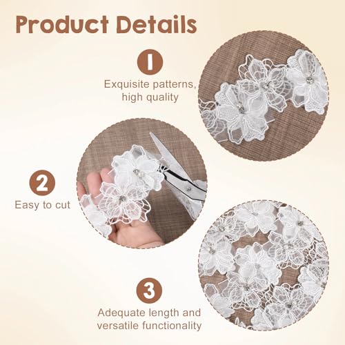 2 Yards 3D Pearl Beads Flower White Lace Trim, White Lace Ribbon Flower Applique, Embroidered Fabric Trims and Embellishments for Wedding Dress Embellishment DIY Dress Decor Gowns Home Decor
