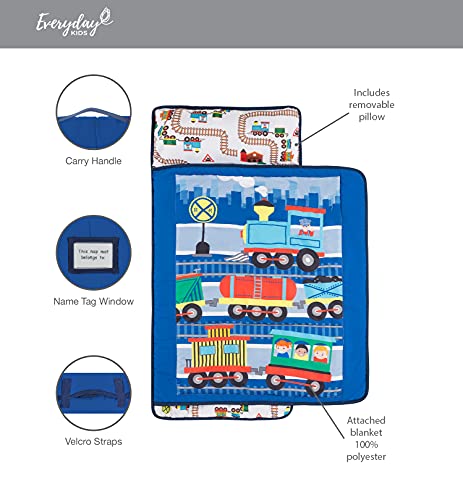 Everyday Kids Toddler Nap Mat With Removable Pillow -Choo Choo Train- Carry Handle With Fastening Straps Closure, Rollup Design, Soft Microfiber For Preschool, Daycare, Sleeping Bag - Ages 2-6 Years #TOP3
