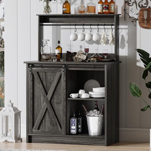 4ever2buy Farmhouse Coffee Bar Cabinet with 6 Hooks, 50'' Kitchen Buffet Hutch Cabinet with Sliding...