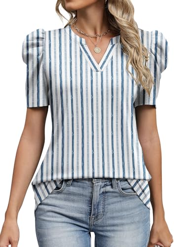 Image of LOMON Spring Summer Tops for Women 2026 V Neck Puff Short Sleeve Tops Fashion Trendy Work Blouses Dressy Casual S-XXL
