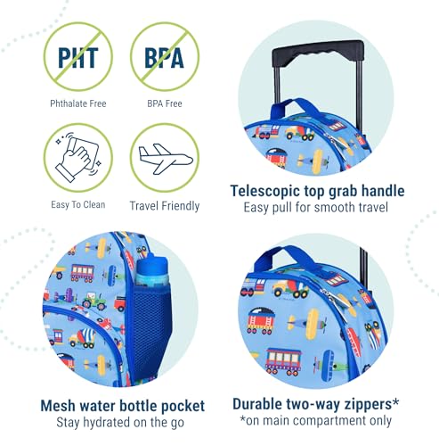 Image of Wildkin Kids 16 Inch Rolling Luggage for Boys & Girls - Lightweight Carry-On Suitcase with Telescoping Handle & Rolling Wheels for School, Travel & Overnight Trips, Trains, Planes, and Trucks, Rolling