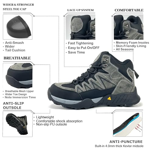 Men's Steel Toe Work Boots Wide Width Safety Non Slip Durable Leather Shoes for Construction & Industrial Use2