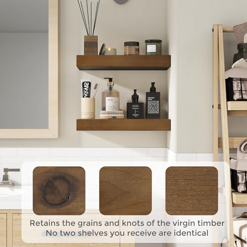Image of Marsmiles Wood Floating Shelves | Rustic Dark Wood Wall Shelves Set of 2 | 16 inch W x 7.7 inch D x 1.6 inch H Dark Wooden Shelves for Bathroom Living Room Kitchen
