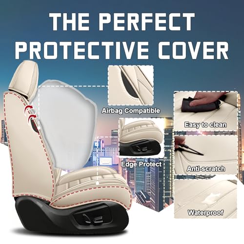 Image of Car Seat Cover Full Set for Toyota Camry Hybrid Seat Covers 2007-2024, Nappa Leather Waterproof Seat Covers For Cars, Airbag Compatible, Universal Automotive Seat Covers(Standard Front Row /Beige)