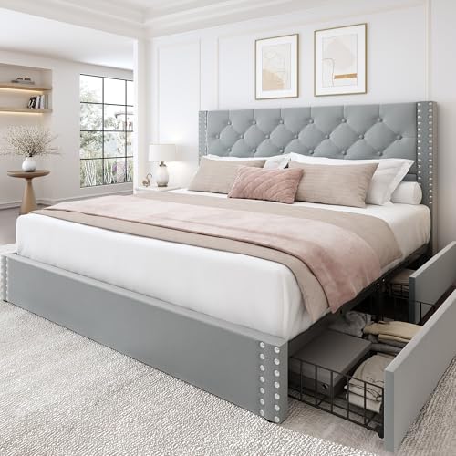 Queen Size Bed Frame with 4 Storage Drawers