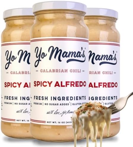 Yo Mama’s Foods Gourmet Keto Spicy Alfredo Pasta Sauce | (3) 16 Ounce Glass Bottles | Our Spicy Sauce is Low Carb, Paleo, Gluten Free, Low Calorie and is Made with only the Freshest Ingredients!