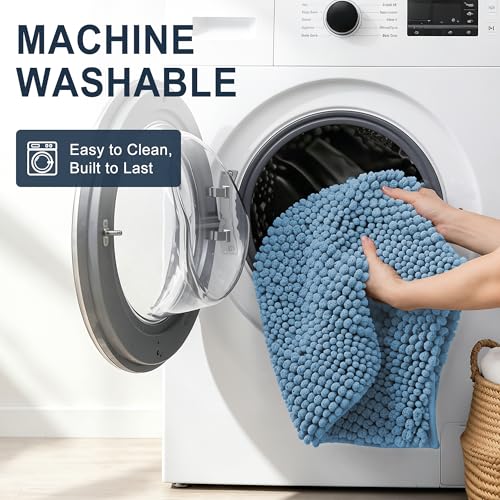 Image of Smiry Thick Chenille Bathroom Runner Rugs 59x24, Absorbent Striped Bath Mat, Machine Washable, Rubber Backing, Extra Long Bath Rugs for Tub & Shower, Modern Home Decor Accessories, Airy Blue