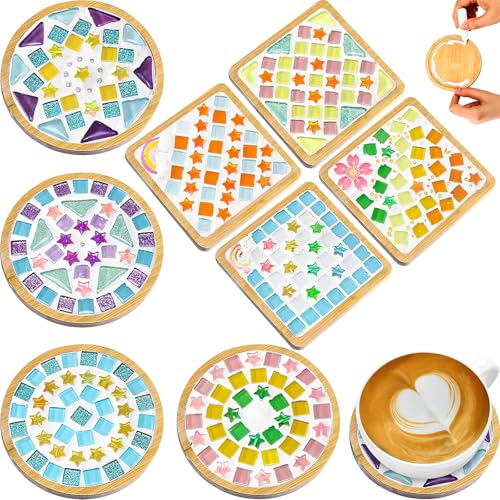 YFNVH Lot de 8 Kits de Dessous de Verre en Mosaïque DIY, Mosaïque en Verre Multicolore avec Sous-Verres en Bois pour Adultes, Matériel pour Dessous de...