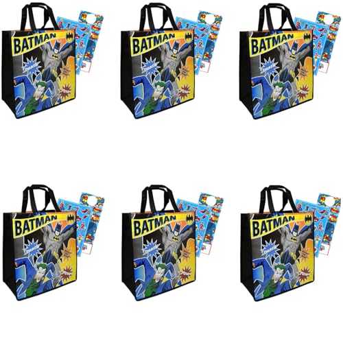 (18 Pack) Party Favors Bundle With 6 Reusable Batman Totes, Stickers & Door Hanger | Birthday Party Supplies - Treat Bags for Party Supplies Decorations Giveaways Boys Girls