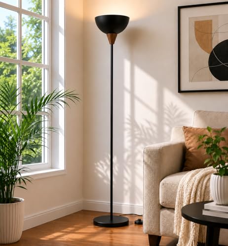 Image of Modern Uplighter Floor Lamp for Living Room, Matte Black Metal Floor Standing Lamp with Foot Switch, Minimalist Torchiere Lamp for Bedroom, Office & Corner Lighting
