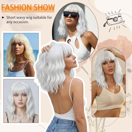 Image of Pastel White Wavy Bob Wig for Women, Short Shoulder Length Synthetic Wig with Bangs, Matte Natural Realistic Look Lightweight Hairpiece, White Color for Daily Wear & Cosplay Costume