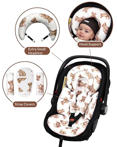 Image of TinlyFinly Infant Car Seat Insert with Removable Cushion for Preemie to Toddler, Reversible Newborn Carseat Insert for Baby Head Body Support, Fits for Stroller, Baby Swing, Bouncer (Teddy Bear)