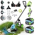 20000 RPM Electric Weed Wacker Cordless, 12? Brushless Weed Eater Battery Powered with Wheel, 4-in-1 Grass Trimmer/Brush Cutter/String Trimmer, Lawn Mower Edger Stringless Weed Trimmer, 2 Battery Tool