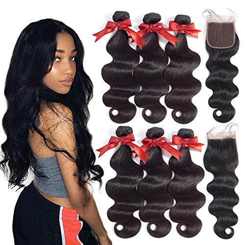 Brazilian Virgin Human Hair Body Wave 3 Bundles with Closure (18 20 22 + 16 Natural Black), Ladoux 7A Remy Human Hair Bundels with Lace Closure Free Part Body-Wave-Bundles-with-Closure