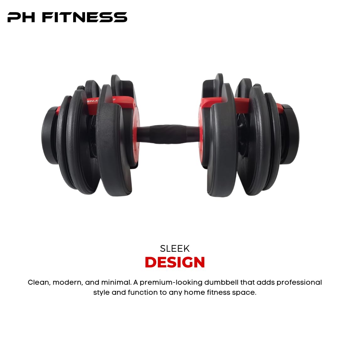 PH Fitness Premium Regulowany Zestaw Hantli 24 kg – 15-w-1 z Regulacją Jedną Ręką – Kompaktowa Para Hantli do Domowej Siłowni – 2,5–24 kg – Sprzęt Treningowy Oszczędzający Miejsce