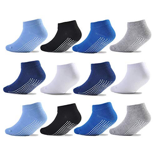 Epeius Baby Socks Low Cut Non-Slip Socks for Toddler Boys Ankle Socks with Grips Value Pack Grip Socks Non Skid 12 Pack,Black/White/Grey/Navy/Blue/Sky-blue,12-36 Months