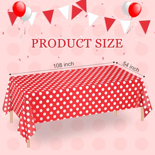 Image of WNINK 2 Pack Red and White Polka Dot Tablecloths - Disposable Plastic Waterproof Table Cover, 54 inch x 108 inch, for Birthday, Wedding, Bridal Shower, Bachelor Party, and Picnic