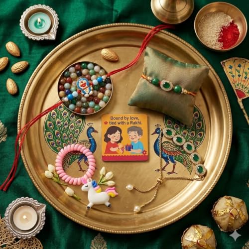 Image of SAUDEEP INDIA Decorative Fridge Magnet for Refrigerator Decor | Free Family Rakhi Set for Bhaiya Bhaiya Kid | Raksha Bandhan Gift Combo | Cotton Thread Rakhi Festive Home Decor(Green Stone)