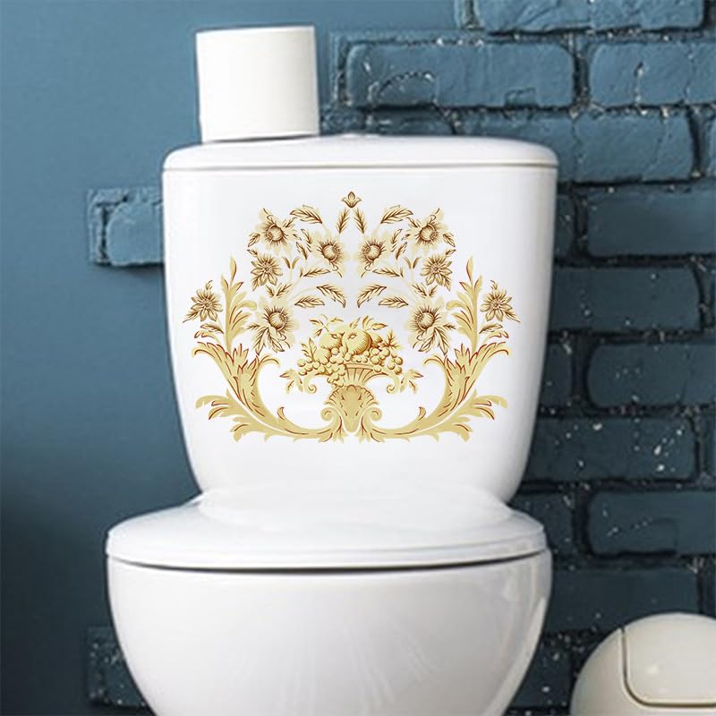 Retro Creativity Flower Toilet Cover Sticker Decals,Pretty Gold Flourish Waterproof Toilet Lid Tank Seat Decals Cistern Self-Adhesive Bathroom Wall Sticker
