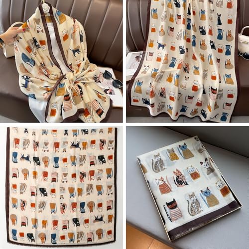 JUMSEE Cute Cat Printed Scarf for Women Girls Soft Lightweight Pashmina Scarves Fringed Sunscreen Shawl Head Wrap3