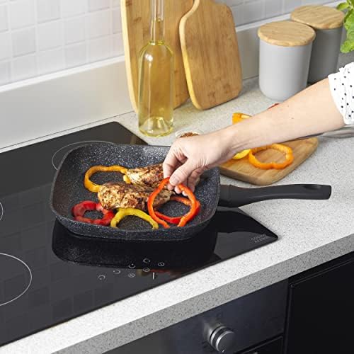 Salter BW05752S Griddle Grill Pan Megastone Collection Non-Stick , 28 cm, Corrosion-Resistant Forged Aluminium, Soft-Touch Handle, Suitable for All Hob Types, Silver