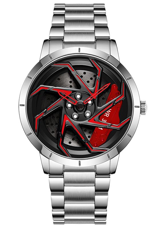 Image of FANMIS Men's Racing Car Wheel Watch 3D Spinning Dial Stainless Steel Watch | Creative 3D Spinning Car Quartz Large Skeleton Face and 30M Water Resistance Designed for Car Fans and Daily Wear.