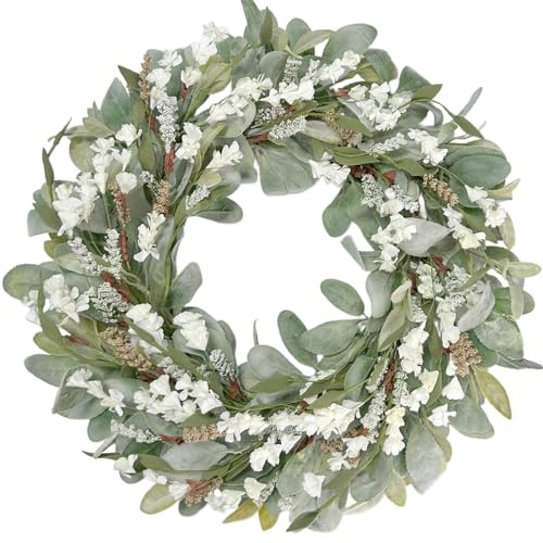 22 Inch Spring Summer Lamb Ears Leaves Wreath with Ivory Forsythia Flower, Year Round Greenery Floral Wreath for Front Door, All Seasons Rustic Farmhouse Everyday Wreath for Indoor Outdoor Decor