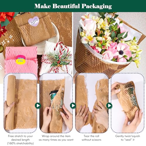 Honeycomb Packing Paper, 15\"x300\" Sustainable Alternative to bubble wrap for Moving/shipping/Wrapping, Eco Protective Packaging Material for Gift Boxes, Recyclable Biodegradable Cushion Kraft Supplies