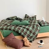Sedefen Gingham Duvet Cover Queen Brown Vintage Plaid Bedding Set with Green Checked Kids Boys Girls Retro Soft Microfiber Breathable Duvet Cover Set