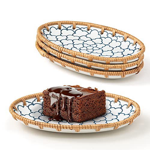 Gaiamade Set Of 4 8" Oval Ceramic Rattan Woven Plates, Rattan Decorative Ceramic Dish Set, Easy To Clean And Lightweight Serving Ceramic Plates For Sushi, Snack And Dessert, Hand-Woven Rattan Plate #TOP9