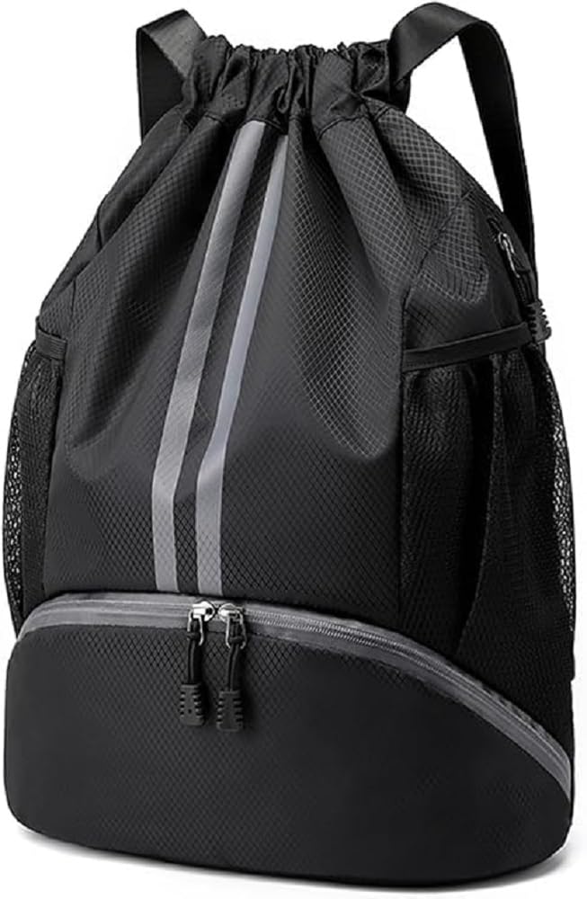 Drawstring Sports Backpack with Shoe Compartment and Waterproof Inner Pocket, Oxford Fabric Gym Bag with Side Mesh Pockets and Adjustable Shoulder Straps – Black-image-0