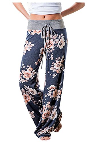 Aifer Women’s Comfy Casual Pajama Pants Floral Print Stretchy Drawstring Wide Leg Lounge Pants Blue