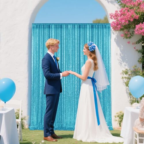 2×8FT-4PCS Turquoise Sequin Backdrop Curtains Panels, Photography Backdrop Glitter Curtains Fabric Background for Christmas Wedding Party Decor by Pufogu - Used condition - Image 2