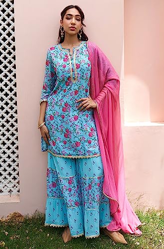 Image of Janasya Women's Sky Blue Georgette Digital Floral Printed Short Kurta with Sharara and Dupatta