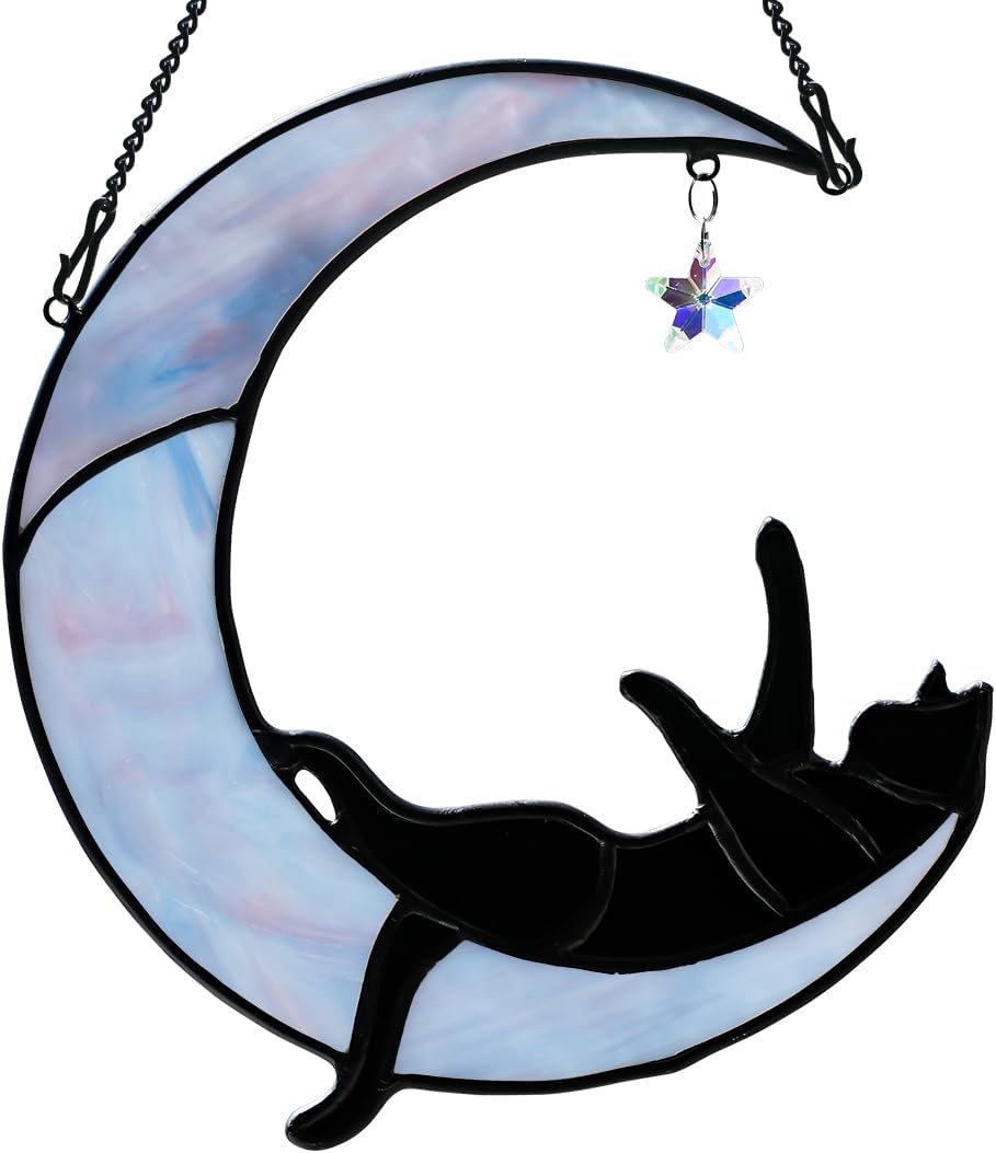 Black Cat Lovers Gifts Stained Glass Suncatchers for Windows Hanging,Funny Cat on Moon Decor,Rainbow Crystal Star Ornaments,Gifts for Women Mom Grandma Aunt Friends