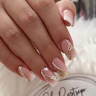 Ombre Nude White Press on Nails Medium Square Fake Nails with Glitter Swirl Design Full Cover Press ons Artificial Acrylic False Stick on Nail for Women Girls Daily Wear Wedding 24Pcs