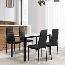 Glass Dining Table Set, 5 Piece Dining Room Table Set, Rectangular Table and 4 PU Upholstered Chairs with Stable Metal Frame for Dining Room Breakfast Nook, Black