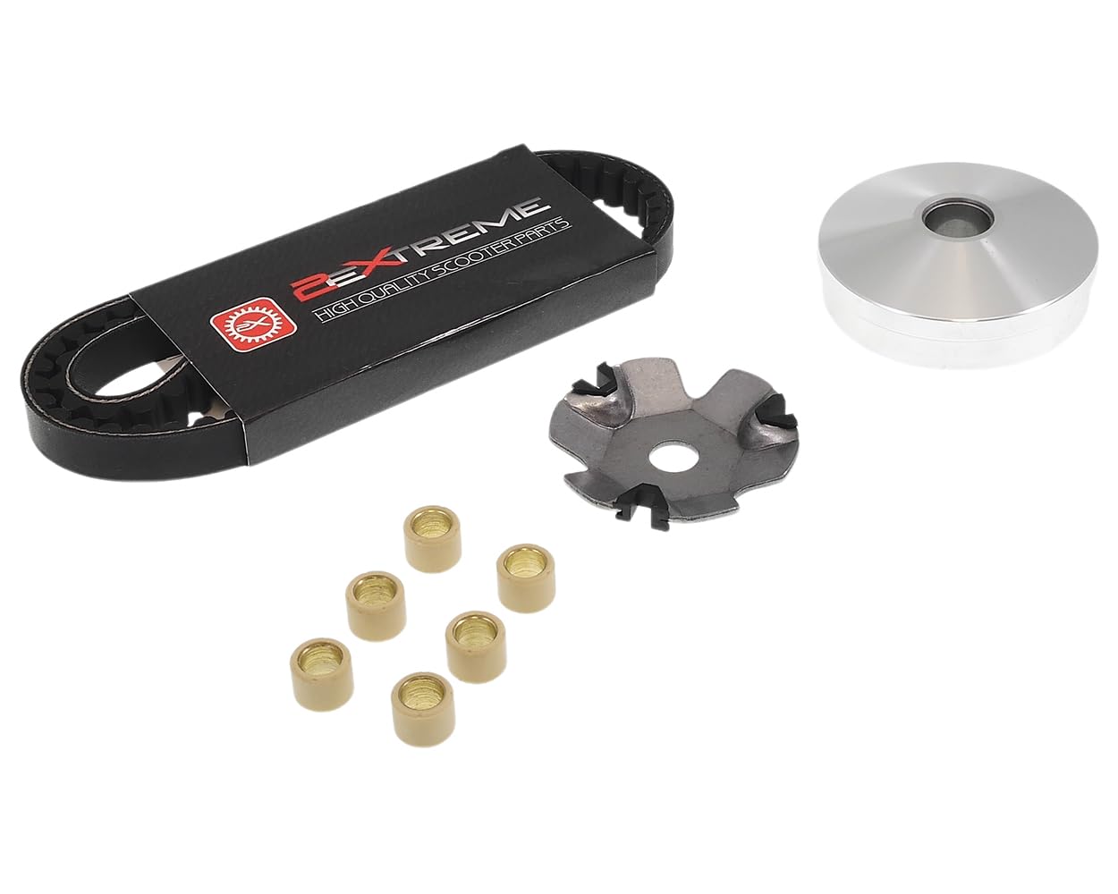 2EXTREME ensemble transmission compatible avec Peugeot Speedfight 1,2,3,4 | Kit compatible avec Peugeot New Vivacity, Speedake; courroie 17,5x765 mm, galets 16x13 mm, 4,70 g, variateur et joue fixe.