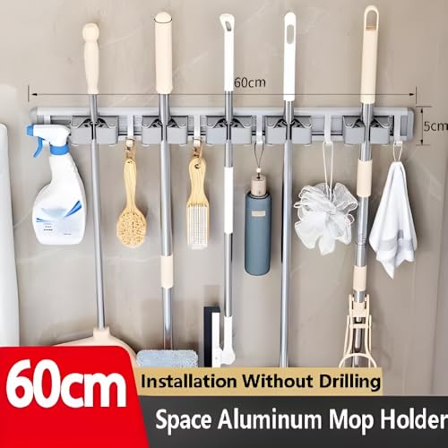 Image of STAR WORK Heavy-Duty Space Aluminum Wall Mop & Broom Holder, Waterproof Organizer with Dual Non-Slip Grips and Utility Hooks, No-Drill Adhesive Mount for Kitchen, Bathroom.(5 MOP HOLDER 6 HOOKS)