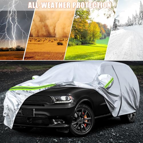 Image of Waterproof Car Covers Replace for 2011-2025 Dodge Durango, 6 Layers Silver All Weather Custom-fit Car Cover with Zipper Door & Windproof Bands for Snow Rain Dust Hail Protection