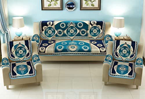 Image of Sawna Homes Chenille Sofa Cover With Cushion Cover - 3+1+1 Sofa Covers Back 5 Seater Slipcovers For Home - 3 Seater & 2 Seater Protector Panels For Sofa Couch, 16 Piece, Navy Sky