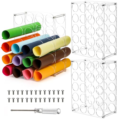 Elsjoy 60-Holes 3 Pack Acrylic Vinyl Roll Holders Desktop Vinyl Roll Storage Organizer Racks for Craft Room Art Craft Paper