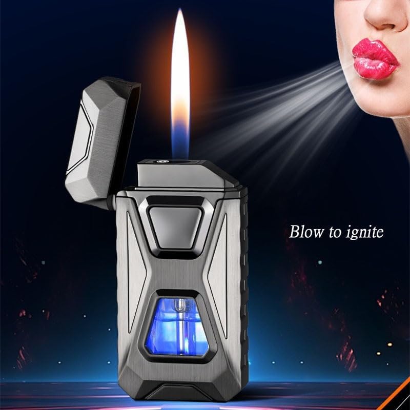 Voice Activated Windproof Dual Flame Lighter, USB Rechargeable Arc Lighter,Jet Flame and Soft Flame, Visible Transparent Window, Refillable Butane Lighter, Cool Lighters Gift for Men(Green)