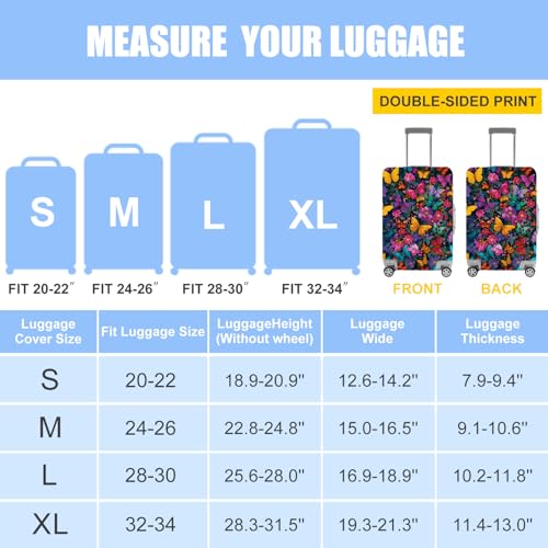 Image of Vibrant Butterfly and Floral Luggage Cover - Colorful Suitcase Protector for 20 to 22 Inch Luggage - Stretch Travel Cover with Nature-Inspired Design,S