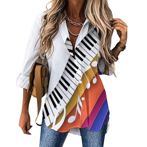 Abstract Piano Keyboard Note Music Womens Button Down Long Sleeve Shirts V Neck Roll Up Cuffed Sleeve Work Blouse Tops 5XL