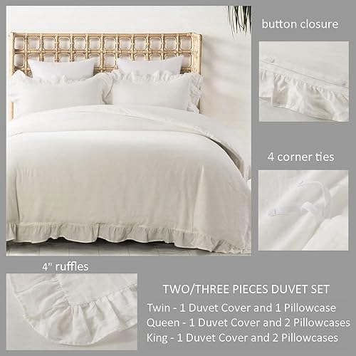 Miniatura 3 de Juego de funda de edredón de 100 % lino lavado a la piedra, 3 piezas, tamaño King de 104 x 92 pulgadas, fundas de 20 x 36 pulgadas, estilo con