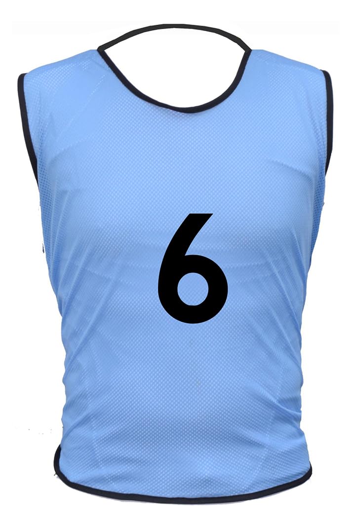 15 MESH BIBS FOOTBALL TRAINING SPORTS BIBS PRINTED NUMBER (1-15 OR number of your choice) Back only (Sky, Junior (U 14's))