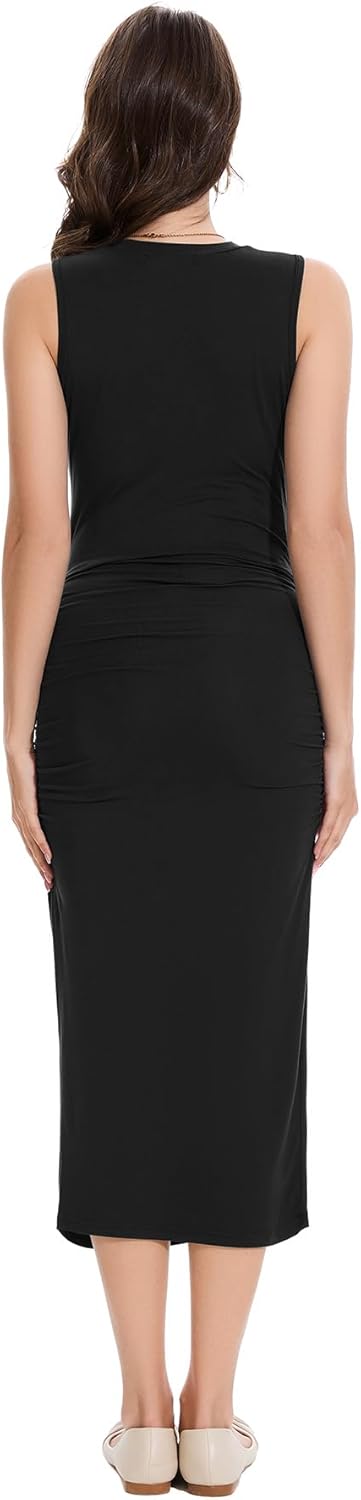 Smallshow Women's Maternity Midi Dress Crew Neck Sleeveless Pregnancy Clothes - Image 4