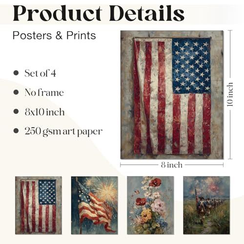 Image of WEFKODO Vintage America Flag Patriotic Decor Wall Art Prints 4Pcs, Vintage Floral 4th of July Decorations Wall Art, Patriotic Decorations for Home Bedroom Living Room Bathroom, 8x10 Inch Unframed
